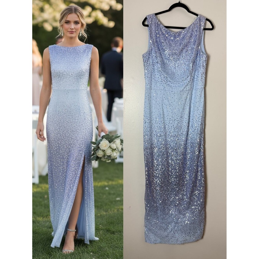 JS Collections Dress 12 Blue Sequin Ombre Wedding Guest Gown Evening Formal Maxi